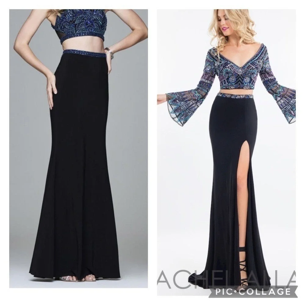 Tiffany Designs Black Formal Maxi Skirt Beaded Waist High Slit Train Size 4